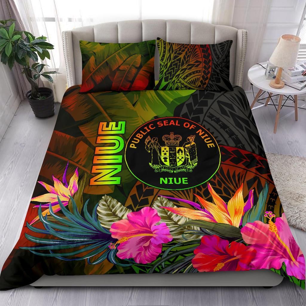 Niue Polynesian Bedding Set - Hibiscus And Banana Leaves