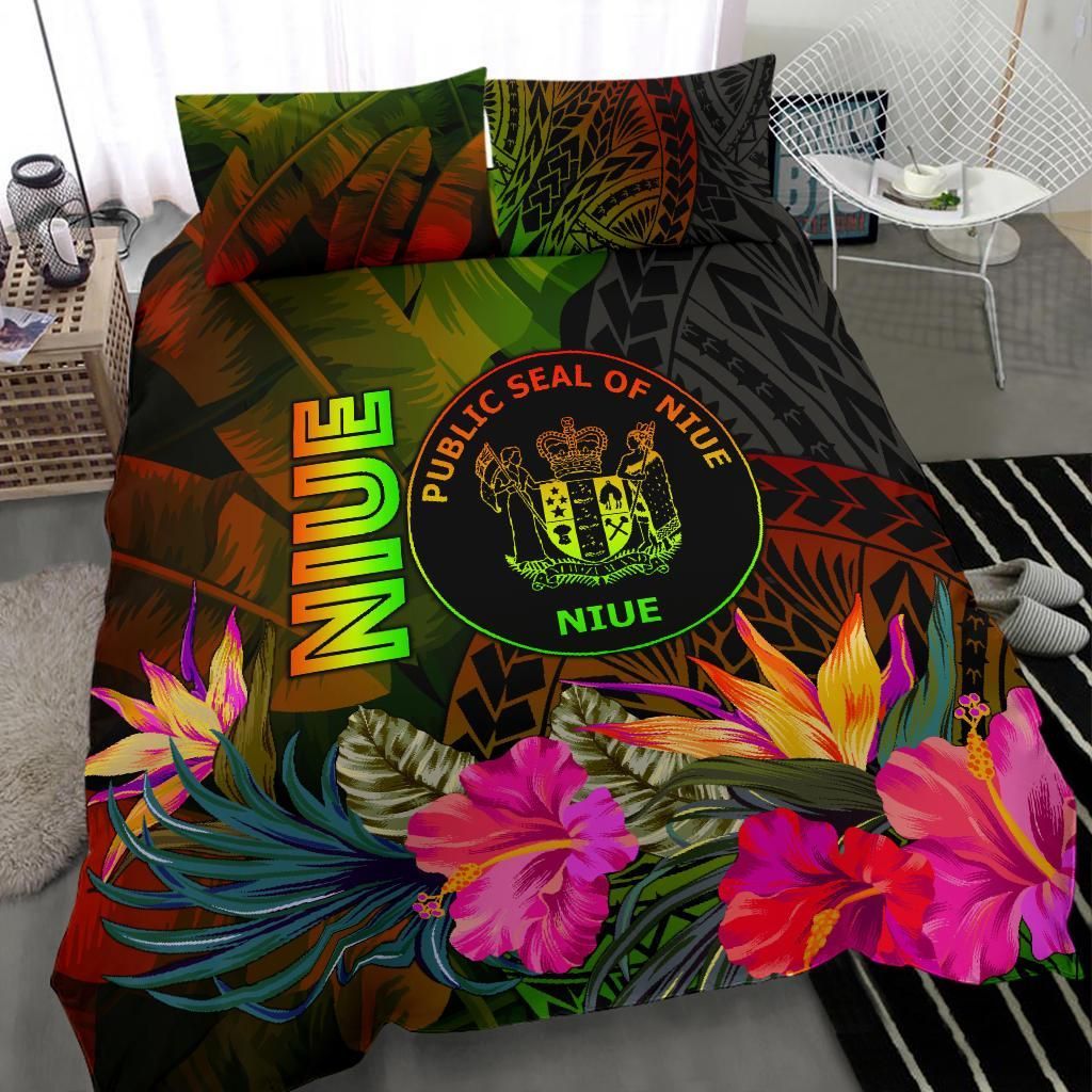 Niue Polynesian Bedding Set - Hibiscus And Banana Leaves