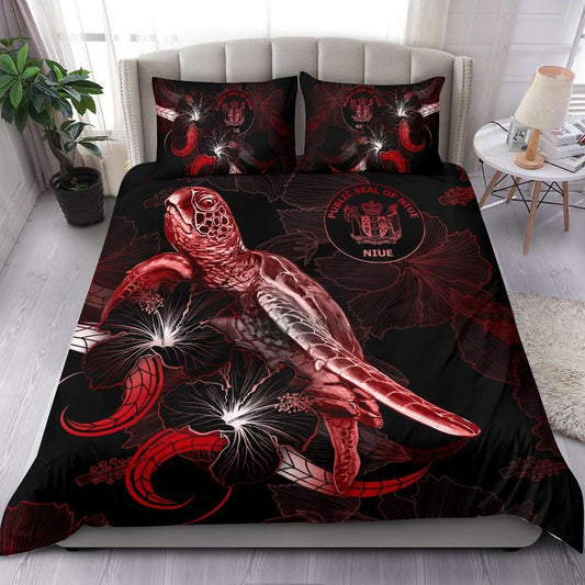 Niue Polynesian Bedding Set - Turtle With Blooming Hibiscus Red