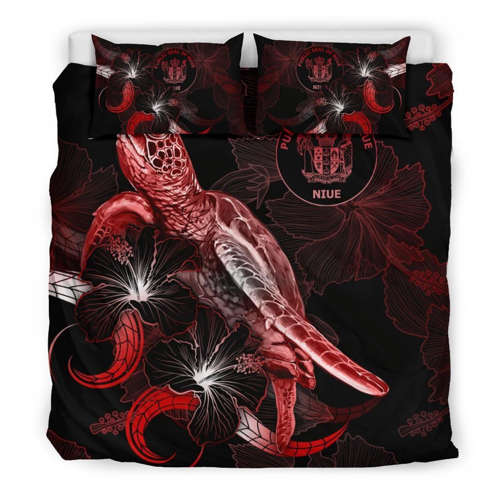 Niue Polynesian Bedding Set - Turtle With Blooming Hibiscus Red