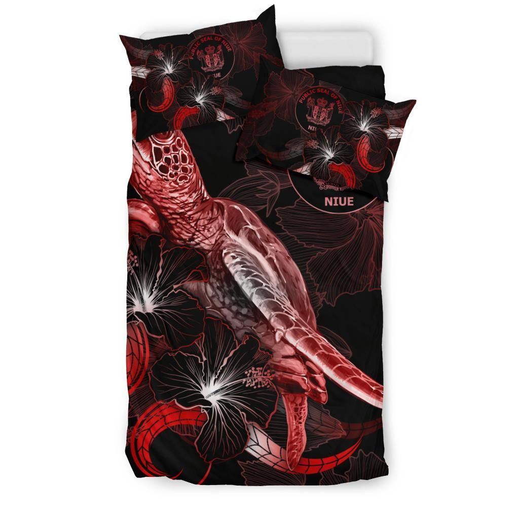 Niue Polynesian Bedding Set - Turtle With Blooming Hibiscus Red