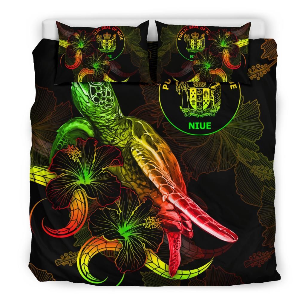 Niue Polynesian Bedding Set - Turtle With Blooming Hibiscus Reggae