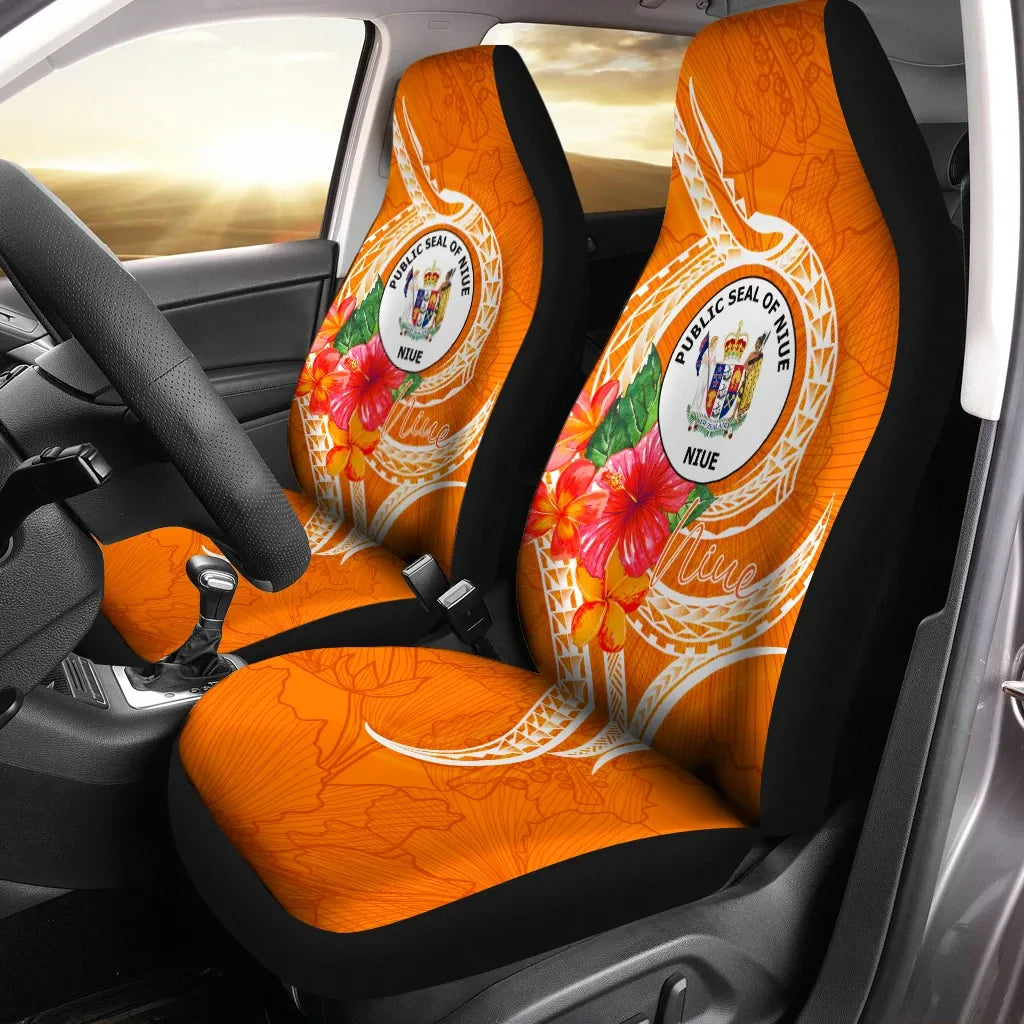 Niue Polynesian Car Seat Covers - Orange Floral With Seal