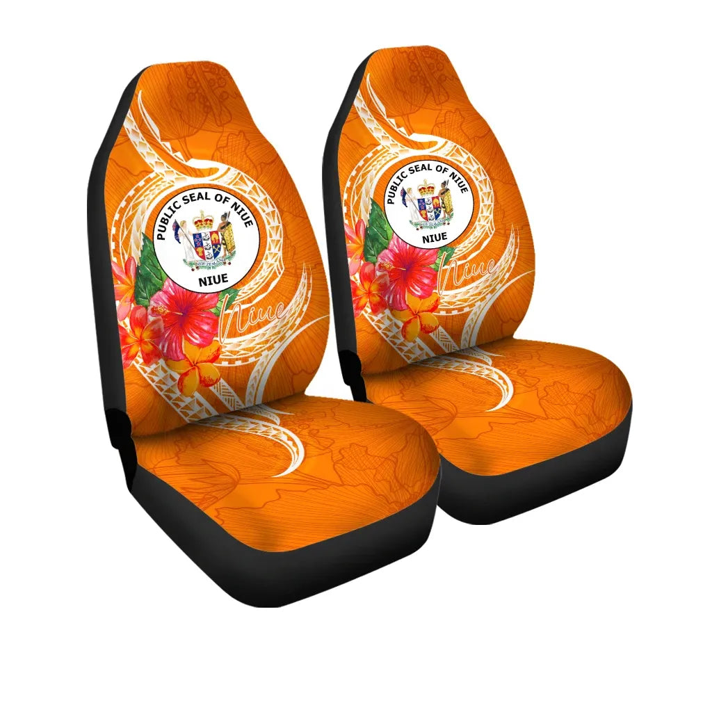 Niue Polynesian Car Seat Covers - Orange Floral With Seal