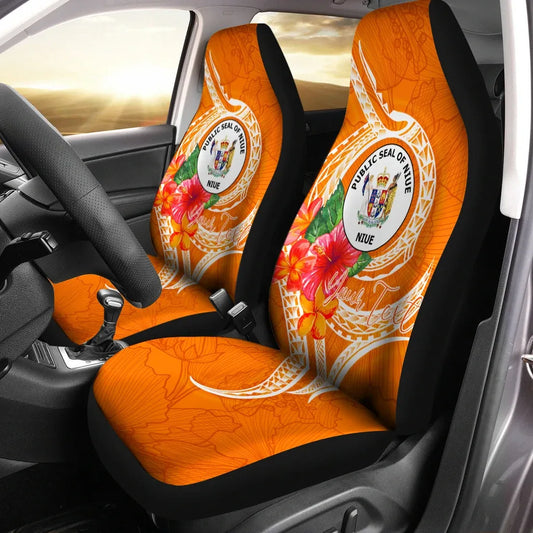 Niue Polynesian Custom Personalised Car Seat Covers - Orange Floral With Seal