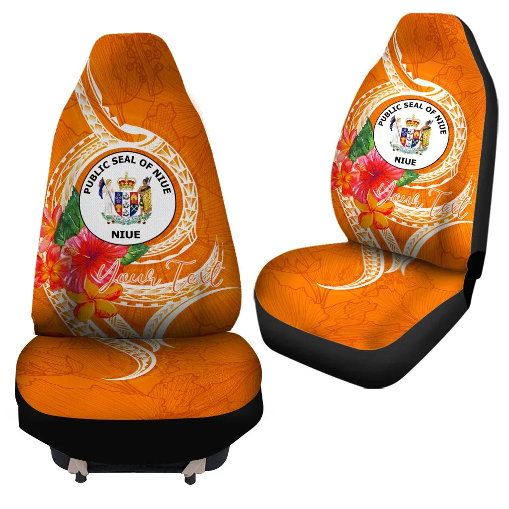 Niue Polynesian Custom Personalised Car Seat Covers - Orange Floral With Seal