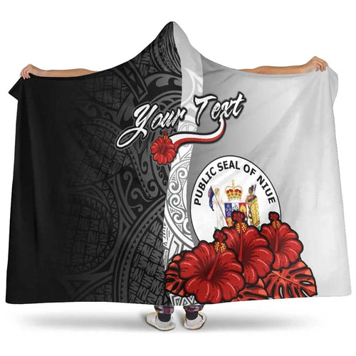 Niue Polynesian Custom Personalised Hooded Blanket- Coat Of Arm With Hibiscus White