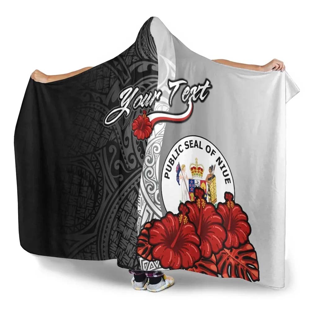 Niue Polynesian Custom Personalised Hooded Blanket- Coat Of Arm With Hibiscus White