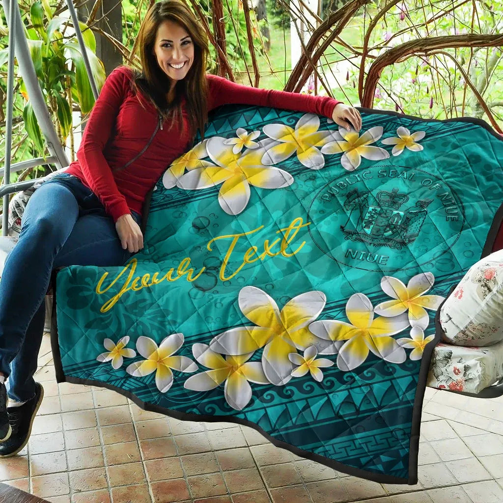 Niue Polynesian Custom Personalised Quilt - Plumeria With Blue Ocean
