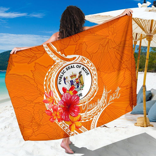 Niue Polynesian Custom Personalised Sarong - Orange Floral With Seal