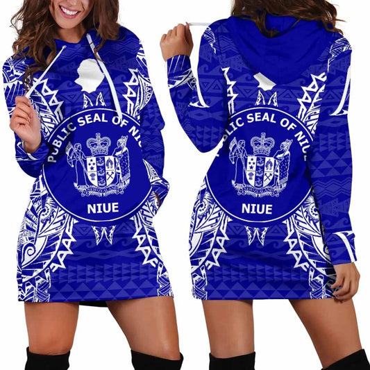 Niue Polynesian Hoodie Dress Map Blue