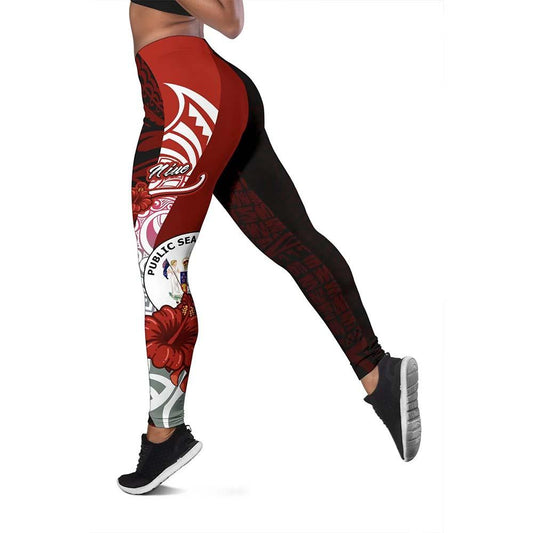 Niue Polynesian Legging  - Coat Of Arm With Hibiscus