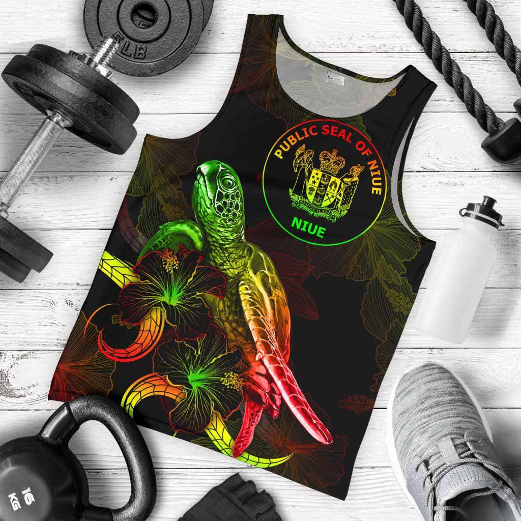 Niue Polynesian Men Tank Top - Turtle With Blooming Hibiscus Reggae