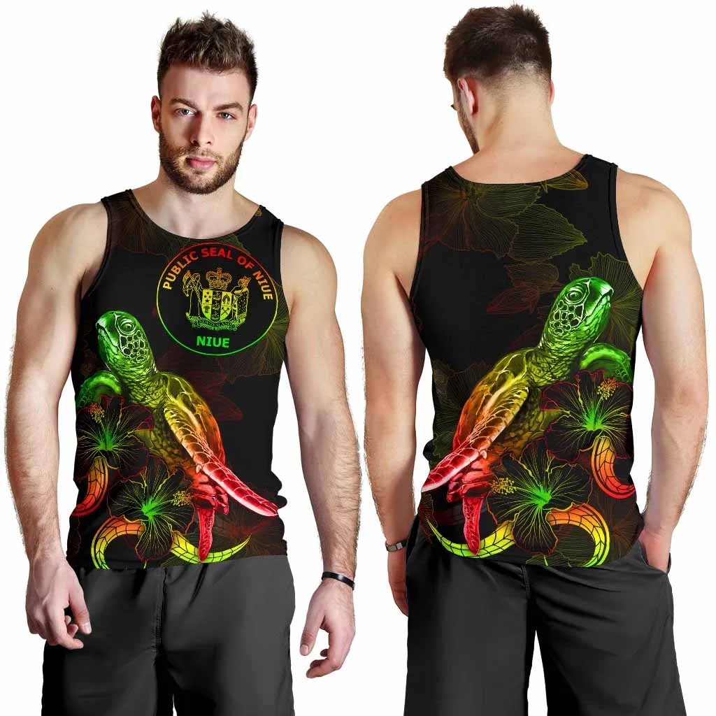 Niue Polynesian Men Tank Top - Turtle With Blooming Hibiscus Reggae