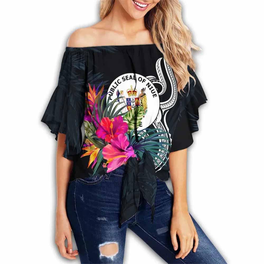 Niue Polynesian Off Shoulder Wrap Waist Top - Tropical Flower