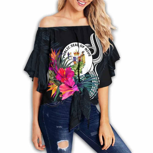 Niue Polynesian Off Shoulder Wrap Waist Top - Tropical Flower