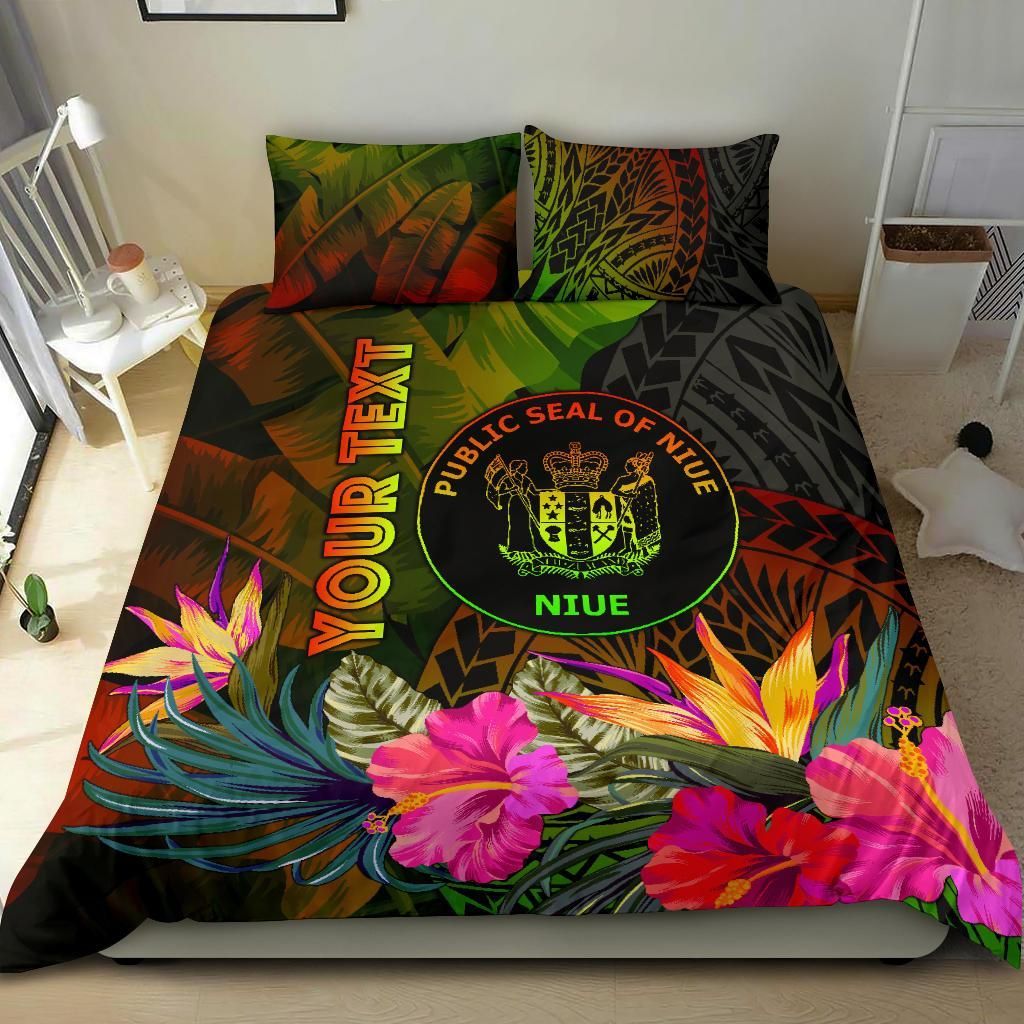 Niue Polynesian Personalised Bedding Set - Hibiscus And Banana Leaves