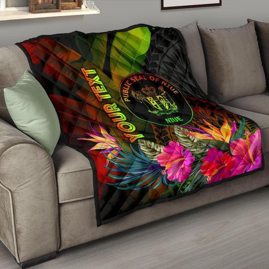 Niue Polynesian Personalised Premium Quilt - Hibiscus and Banana Leaves