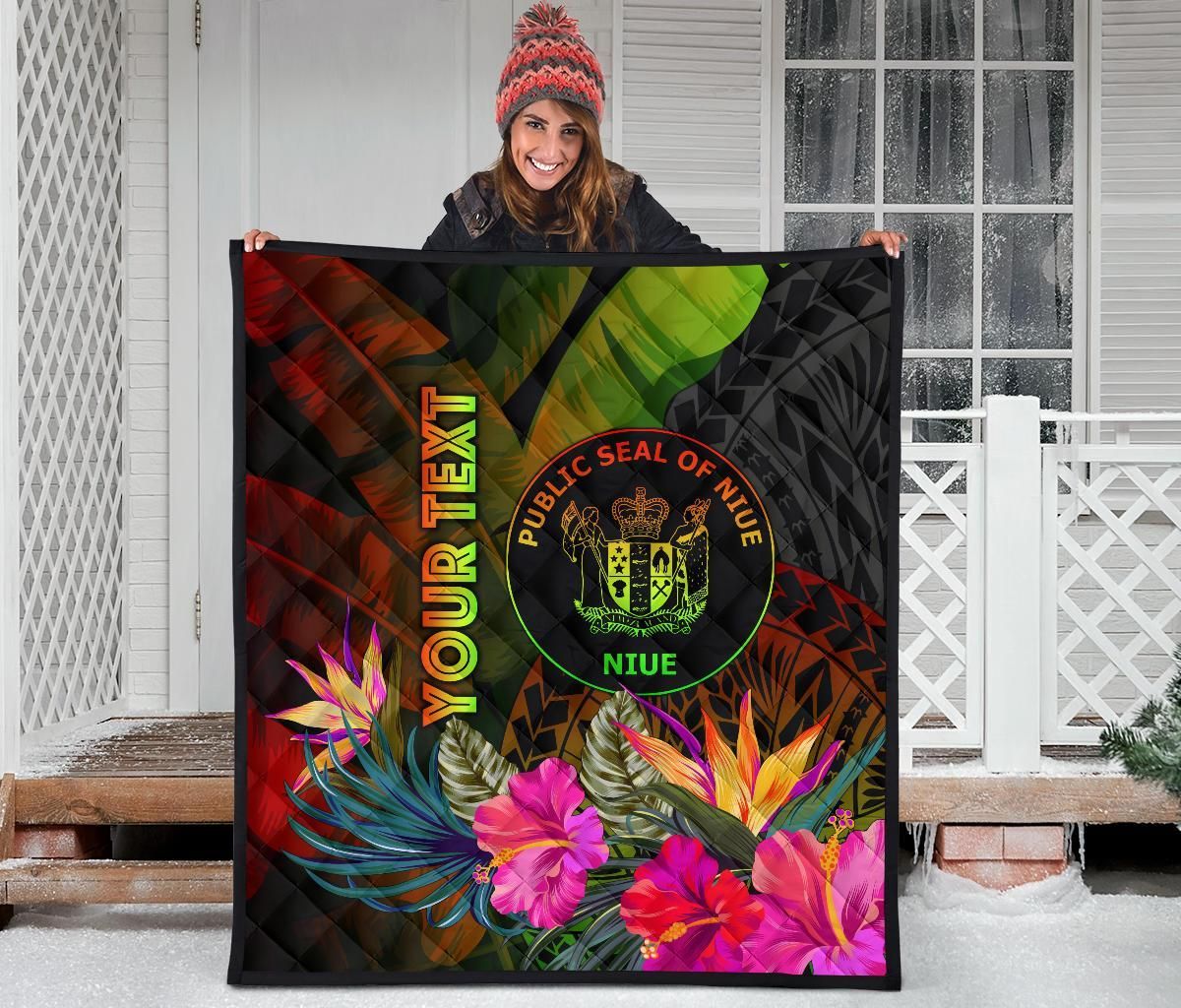 Niue Polynesian Personalised Premium Quilt - Hibiscus and Banana Leaves