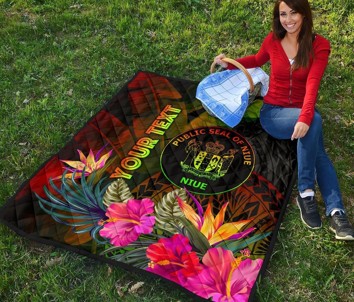 Niue Polynesian Personalised Premium Quilt - Hibiscus and Banana Leaves