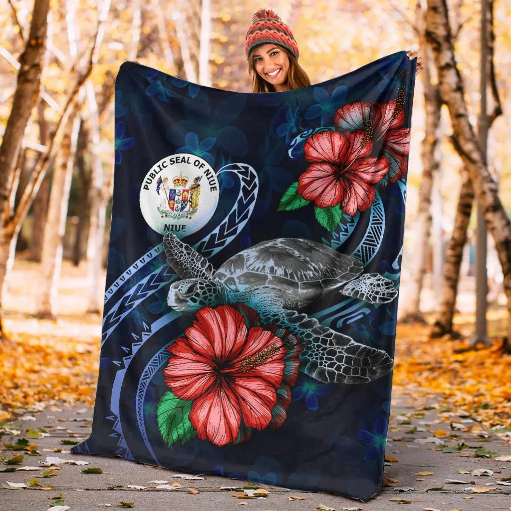 Niue Polynesian Premium Blanket - Blue Turtle Hibiscus