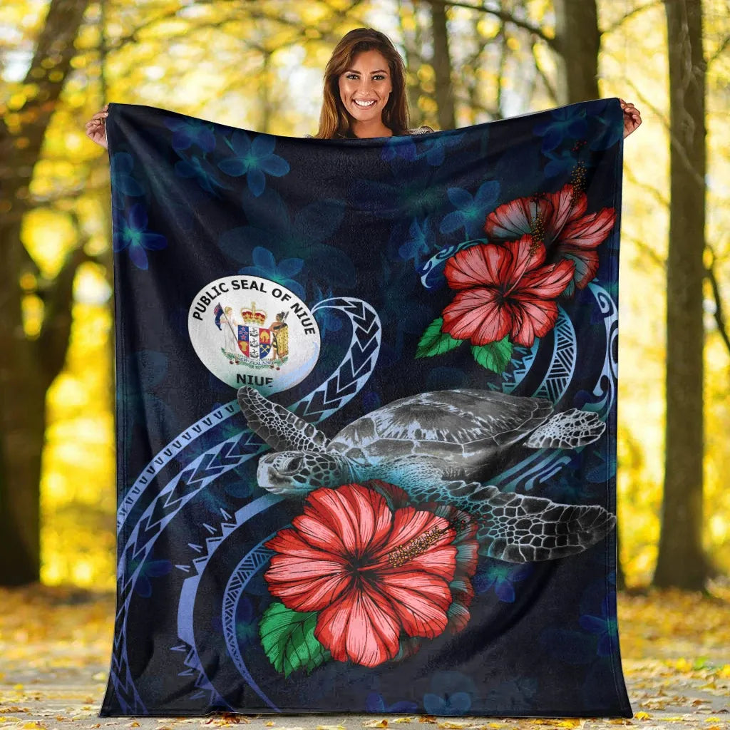 Niue Polynesian Premium Blanket - Blue Turtle Hibiscus