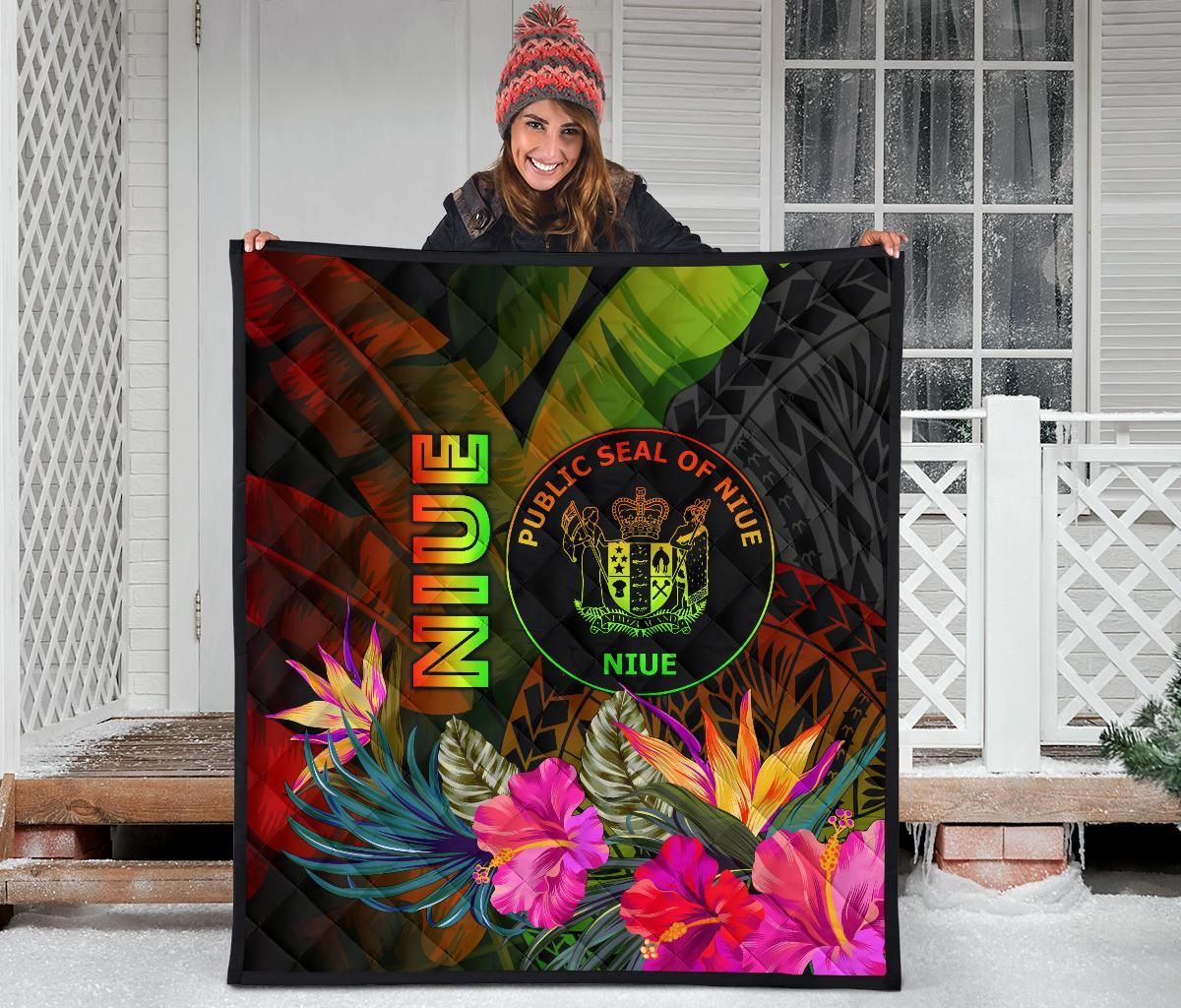 Niue Polynesian Premium Quilt - Hibiscus and Banana Leaves