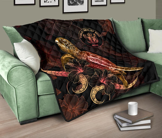 Niue Polynesian Premium Quilt - Turtle With Blooming Hibiscus Gold