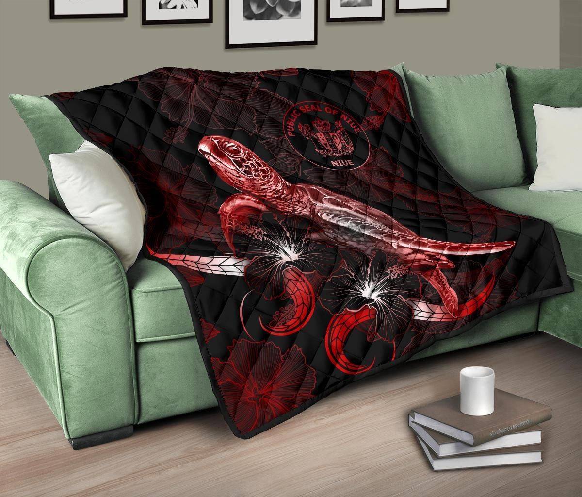 Niue Polynesian Premium Quilt - Turtle With Blooming Hibiscus Red