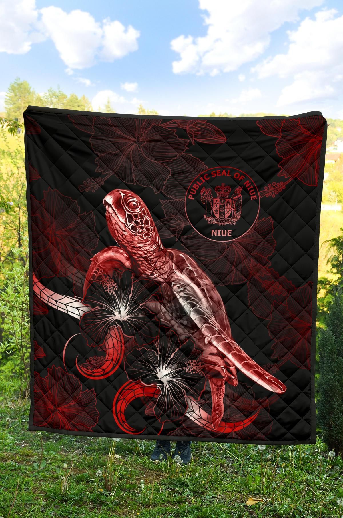 Niue Polynesian Premium Quilt - Turtle With Blooming Hibiscus Red