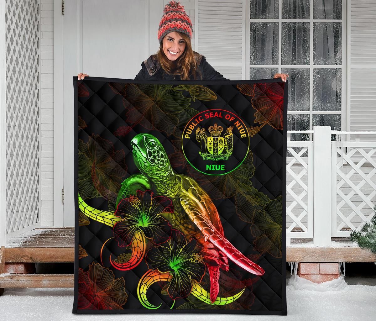 Niue Polynesian Premium Quilt - Turtle With Blooming Hibiscus Reggae