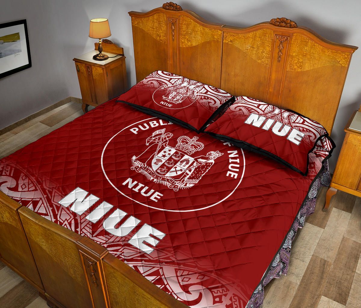 Niue Quilt Bed Set - Niue Coat Of Arms Polynesian Tattoo Fog Red Style
