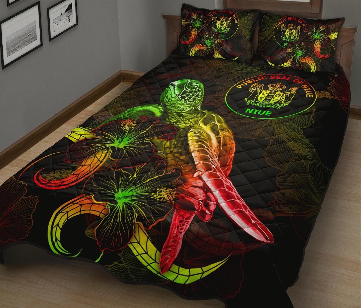 Niue Polynesian Quilt Bed Set - Turtle With Blooming Hibiscus Reggae