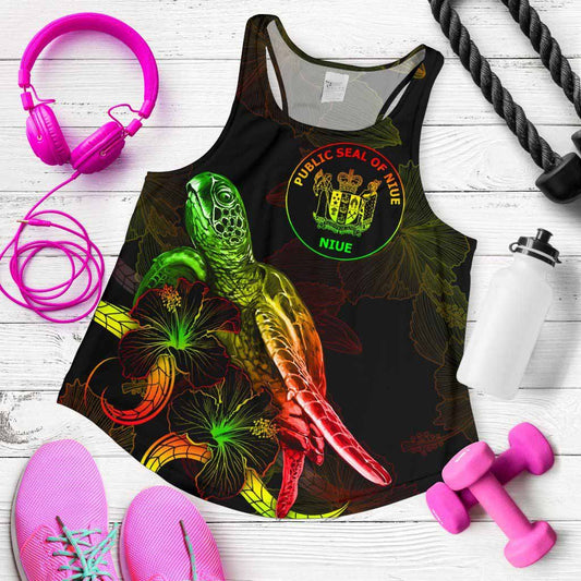 Niue Polynesian Women Tank Top - Turtle With Blooming Hibiscus Reggae