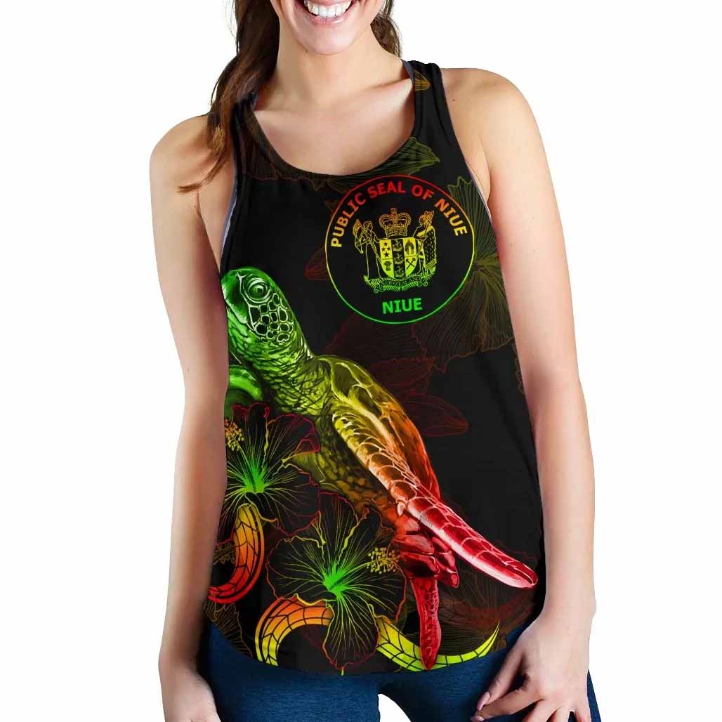 Niue Polynesian Women Tank Top - Turtle With Blooming Hibiscus Reggae