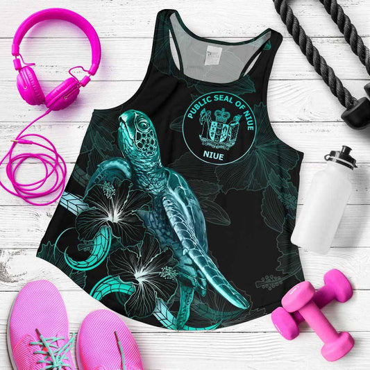 Niue Polynesian Women Tank Top - Turtle With Blooming Hibiscus Turquoise
