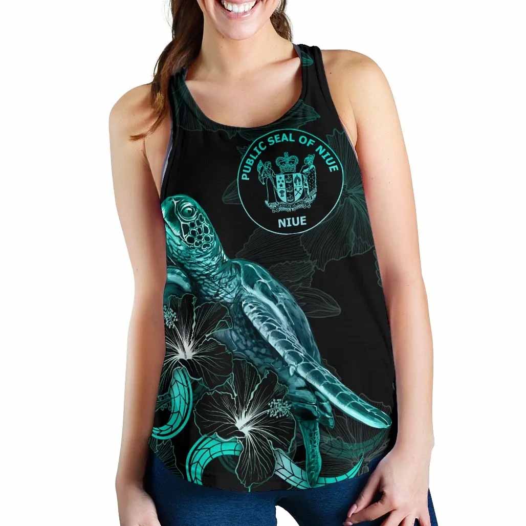 Niue Polynesian Women Tank Top - Turtle With Blooming Hibiscus Turquoise