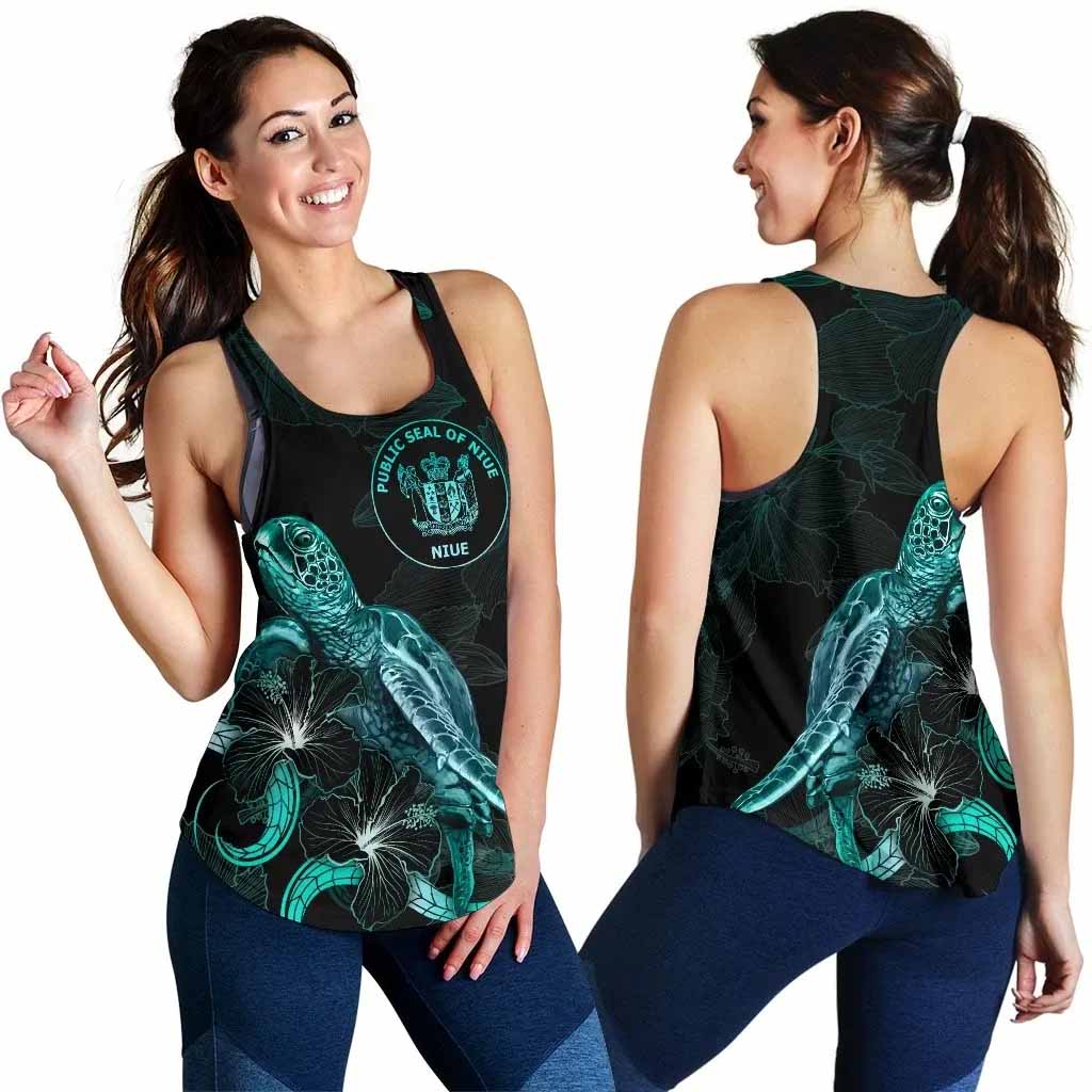 Niue Polynesian Women Tank Top - Turtle With Blooming Hibiscus Turquoise