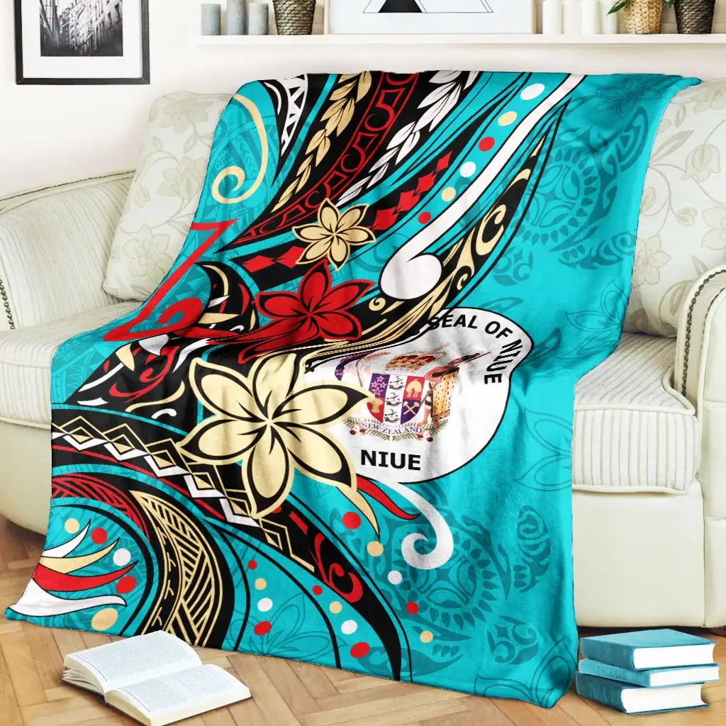 Niue Premium Blanket - Tribal Flower With Special Turtles Blue Color