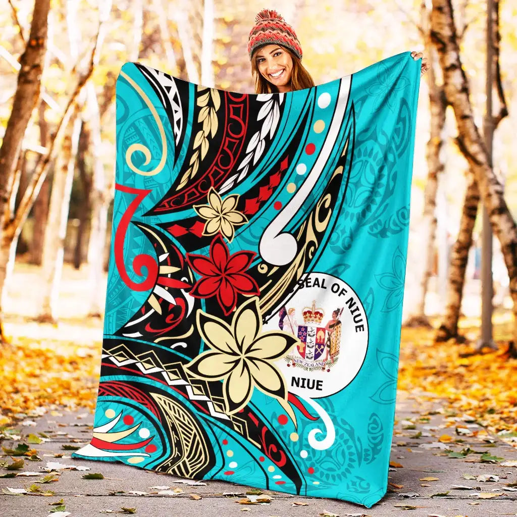 Niue Premium Blanket - Tribal Flower With Special Turtles Blue Color