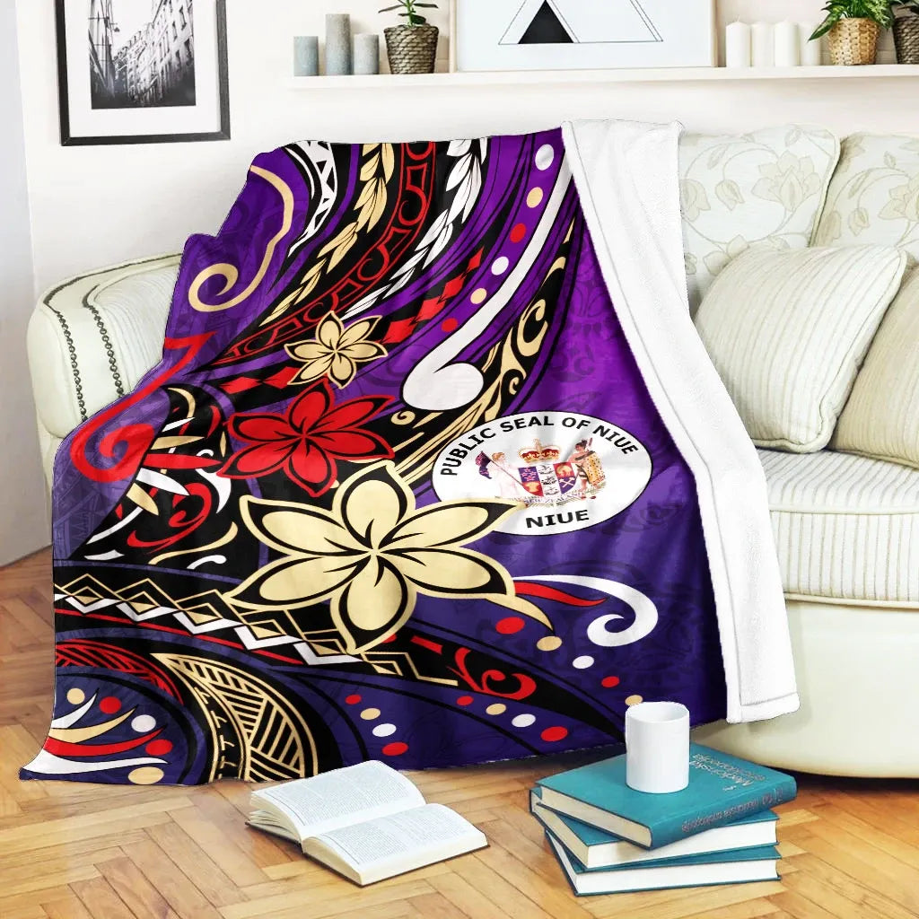 Niue Premium Blanket - Tribal Flower With Special Turtles Purple Color