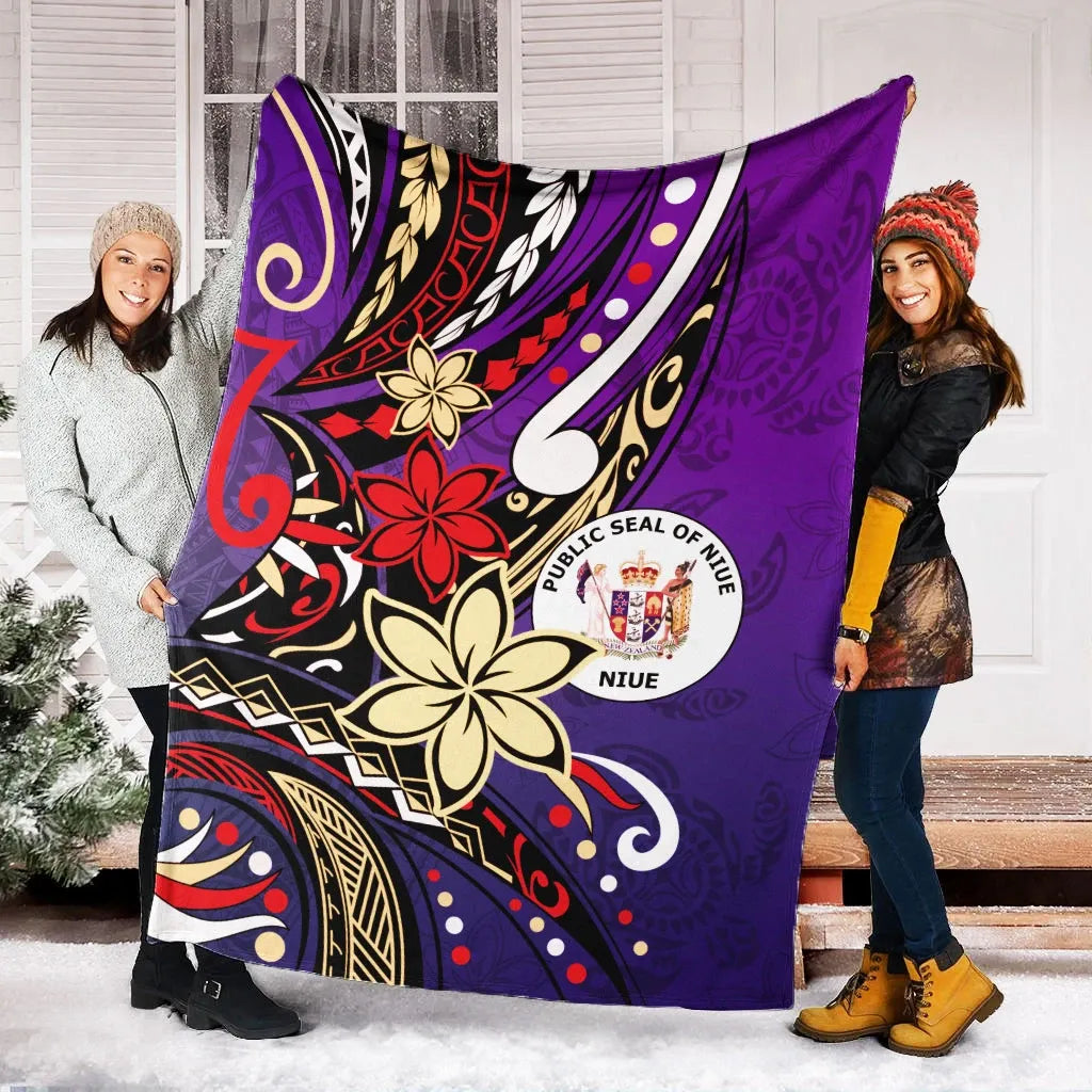 Niue Premium Blanket - Tribal Flower With Special Turtles Purple Color
