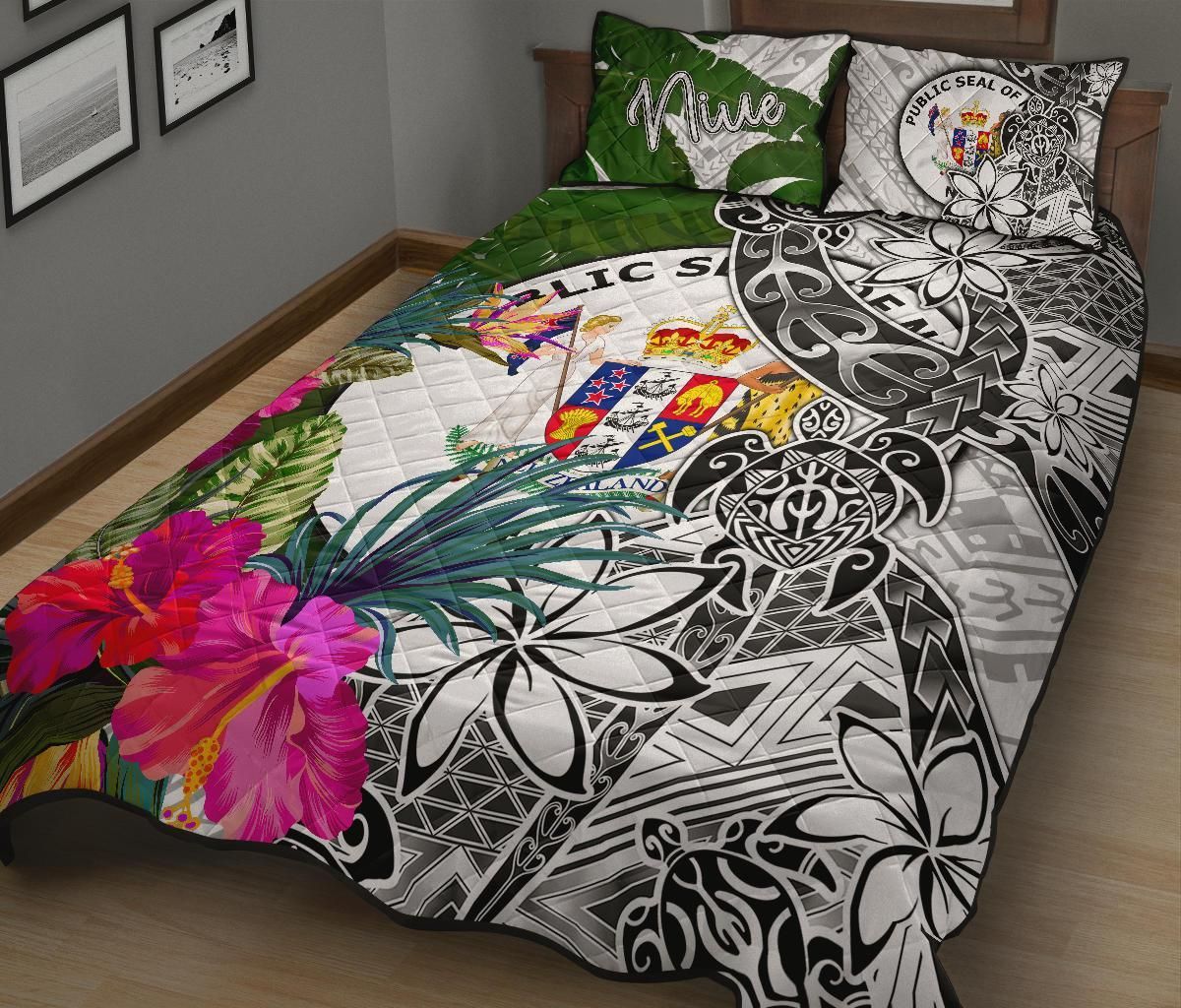 Niue Quilt Bed Set White - Turtle Plumeria Banana Leaf