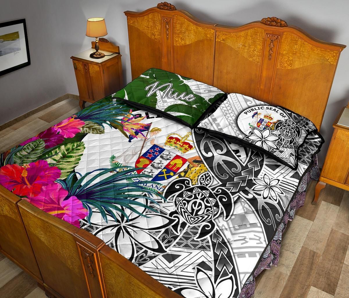 Niue Quilt Bed Set White - Turtle Plumeria Banana Leaf