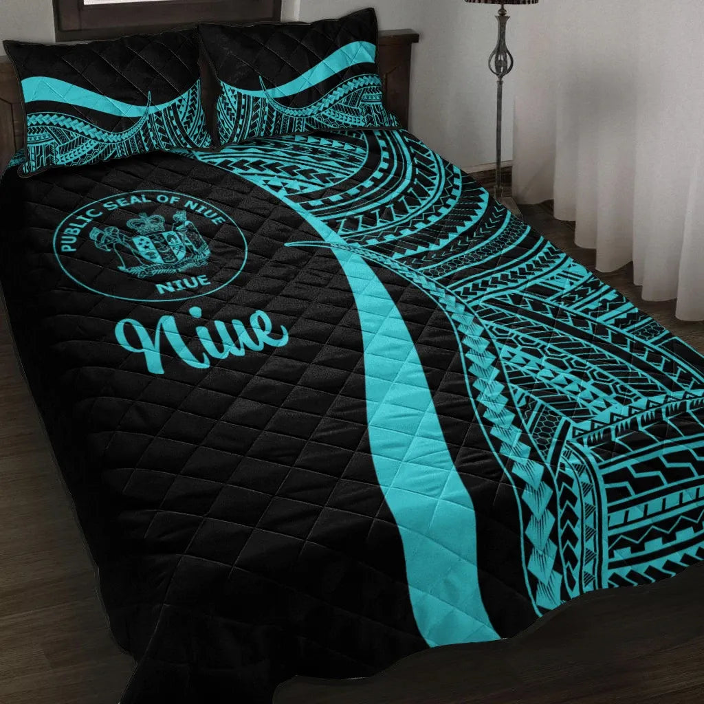 Niue Quilt Bed Set - Turquoise Polynesian Tentacle Tribal Pattern