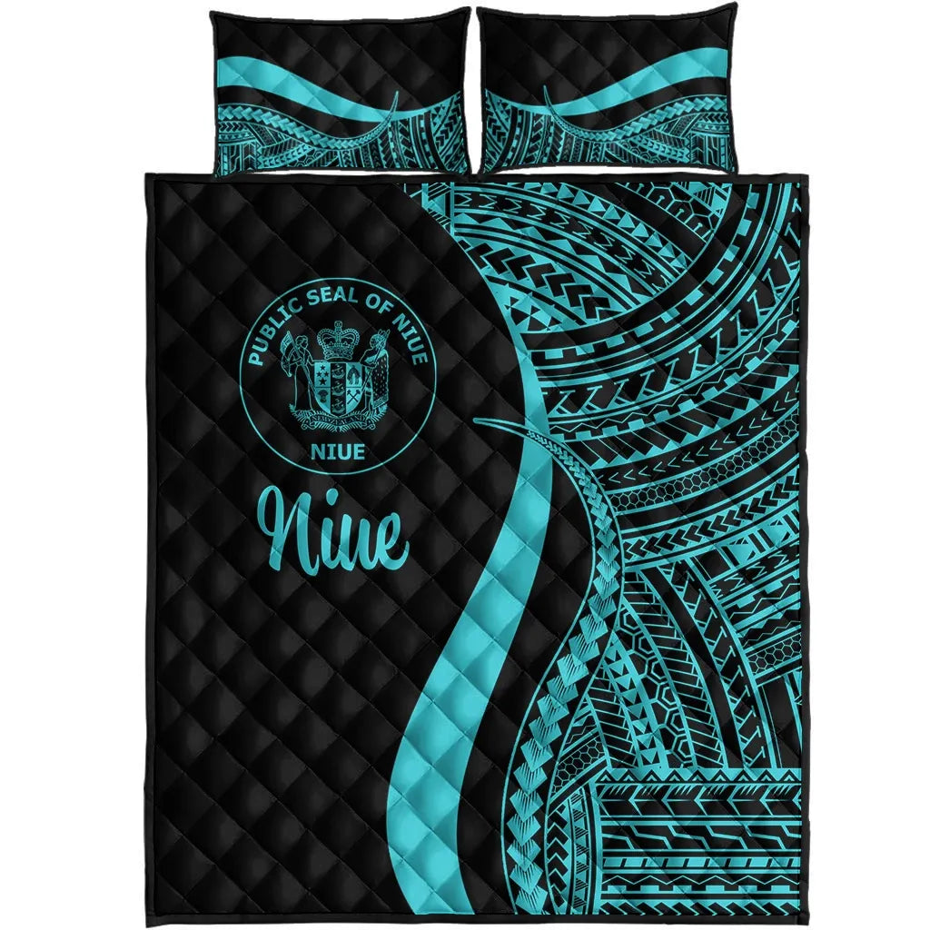 Niue Quilt Bed Set - Turquoise Polynesian Tentacle Tribal Pattern