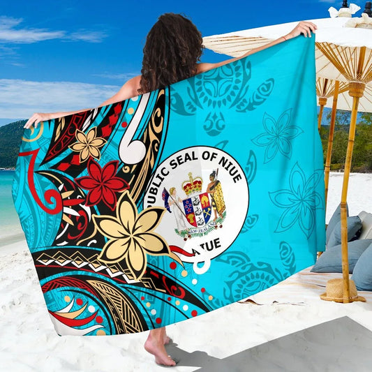 Niue Sarong - Tribal Flower With Special Turtles Blue Color