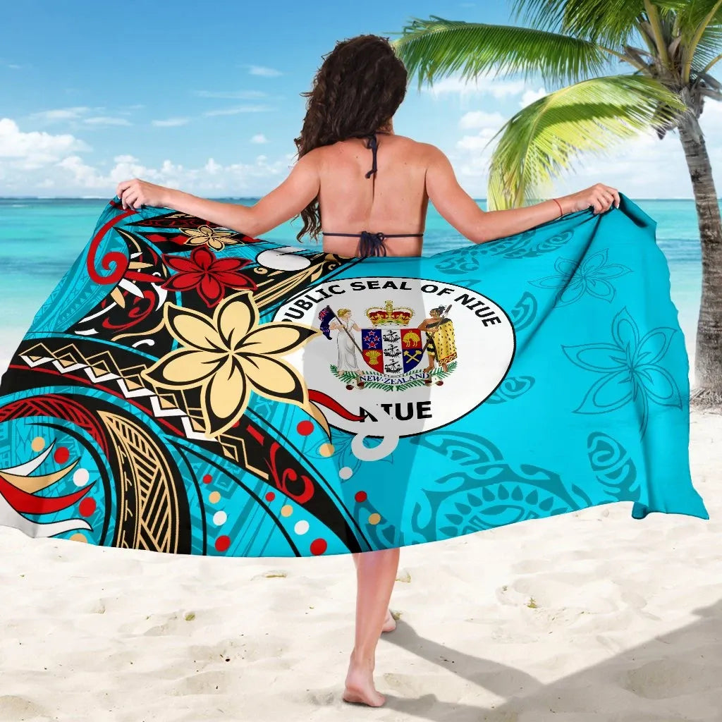 Niue Sarong - Tribal Flower With Special Turtles Blue Color