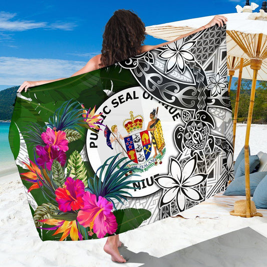 Niue Sarong White - Turtle Plumeria Banana Leaf