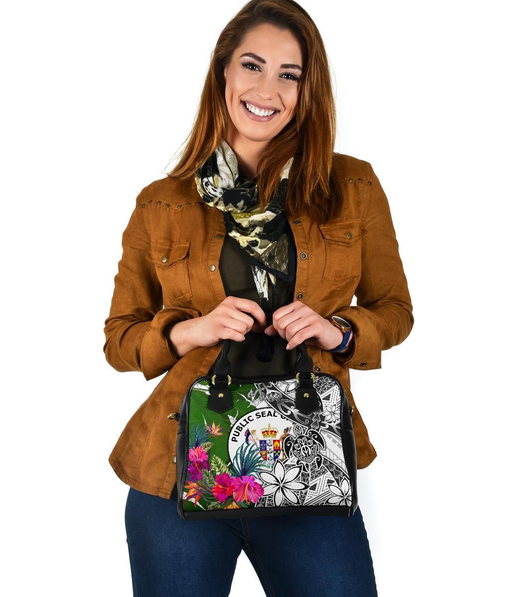 Niue Shoulder Handbag White - Turtle Plumeria Banana Leaf